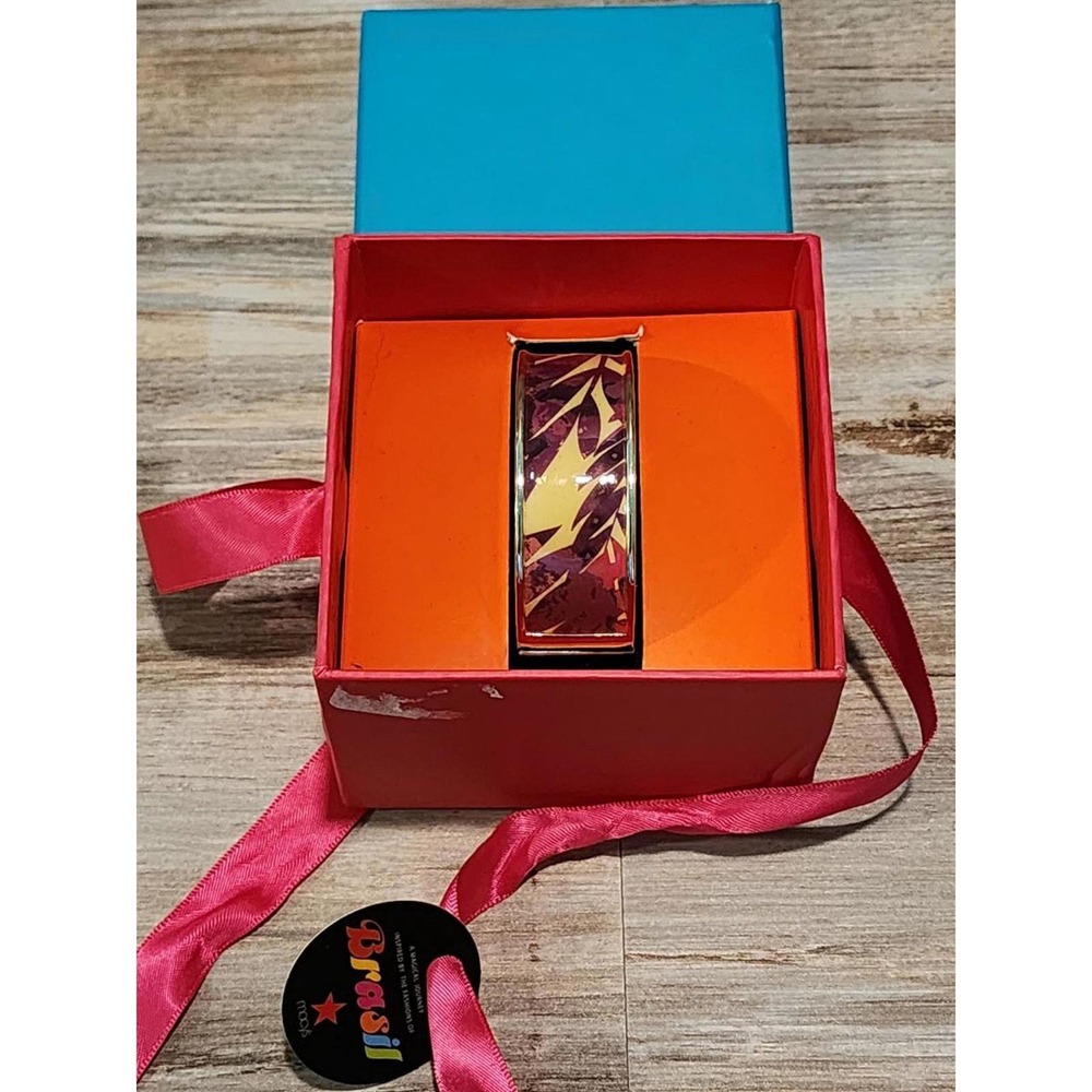 Macys Brasil Collection Enamel Bangle Bracelet Gold Tone Purple Red Tropical Box
